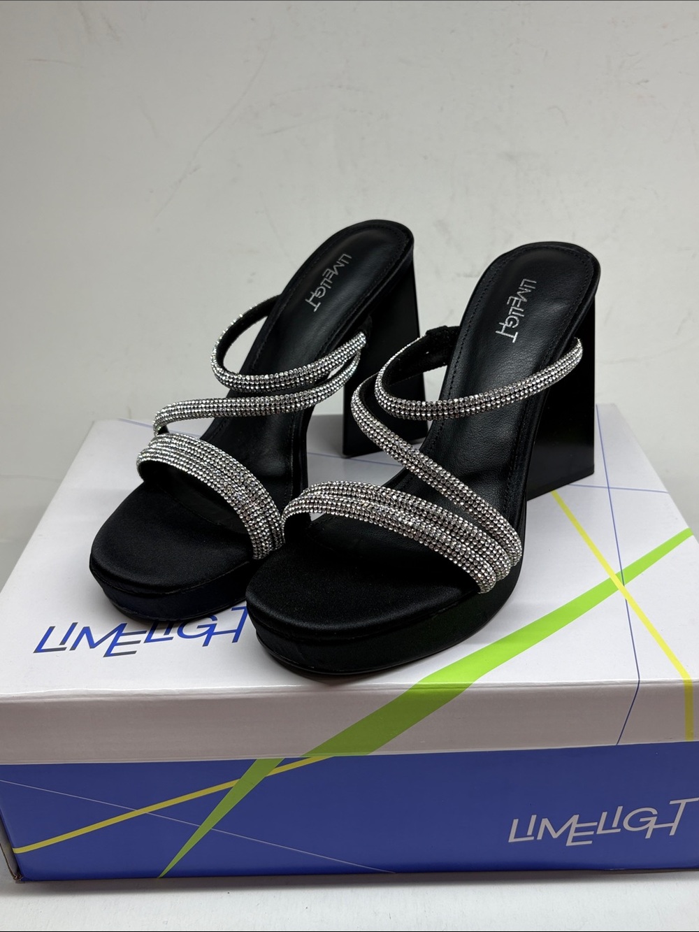 Limelight Black Crystal-Strap Block Heel Sandals